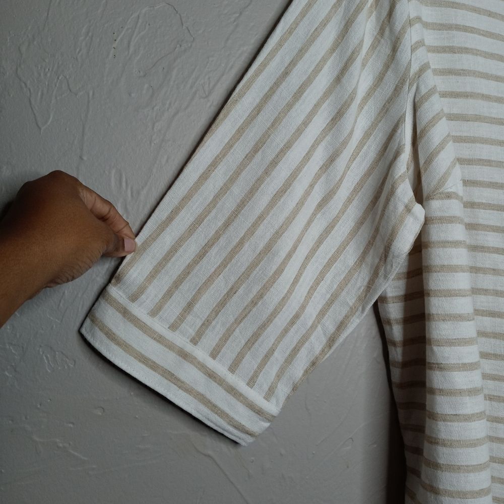 Catherines Linen Cotton Blend Tan & Cream Stripe Button Up Shirt - Picture 2 of 4